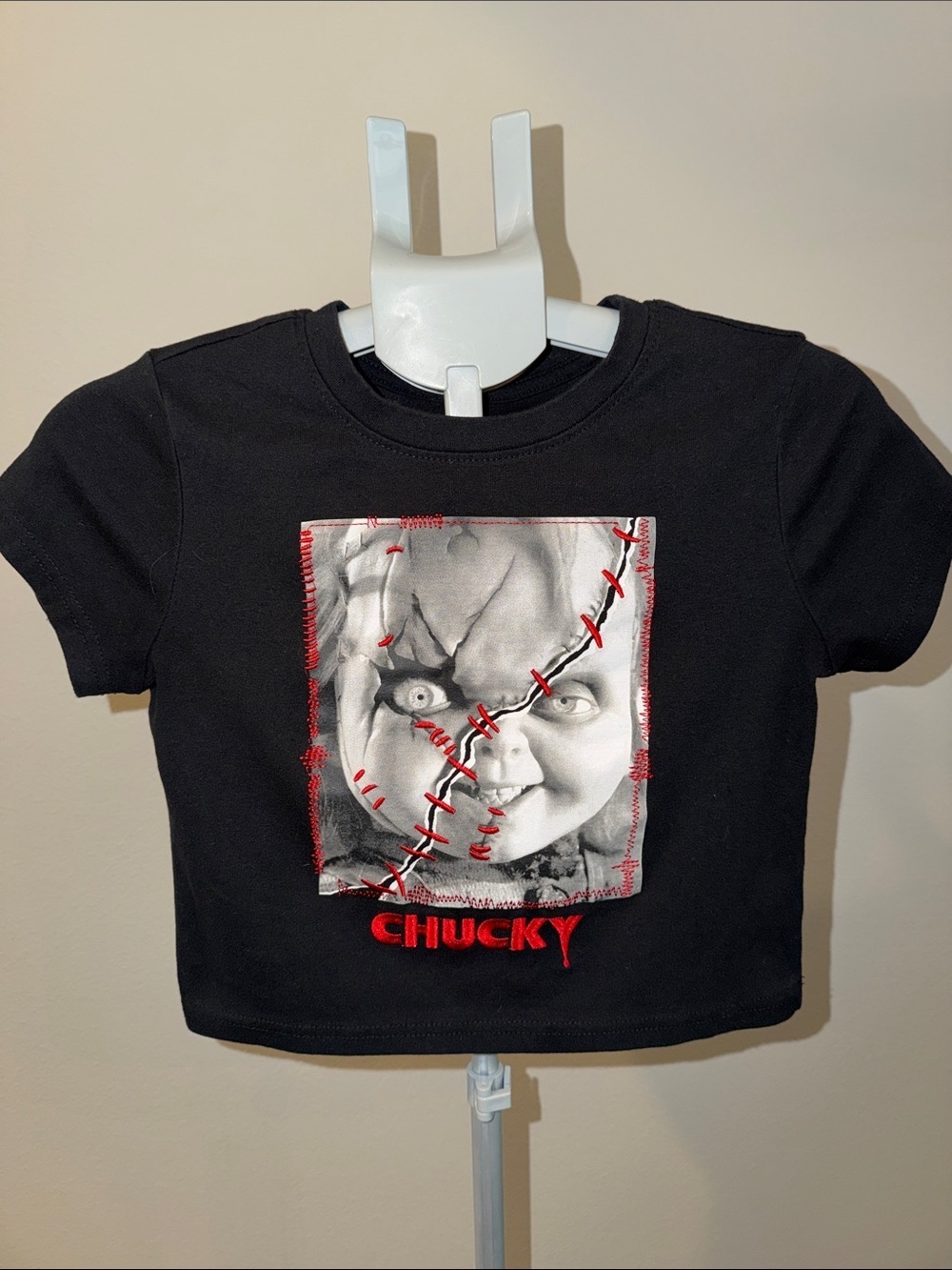 Embroidered Black Chucky Graphic Crop Top